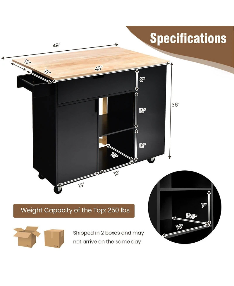 Volenca Drop-Leaf Rolling Kitchen Island Cart with Rubber Wood Top