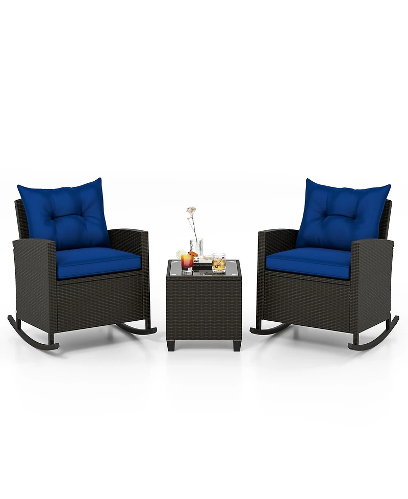 Gymax Set of 3 Wicker Rocking Set Tempered Glass Table Patio Outdoor