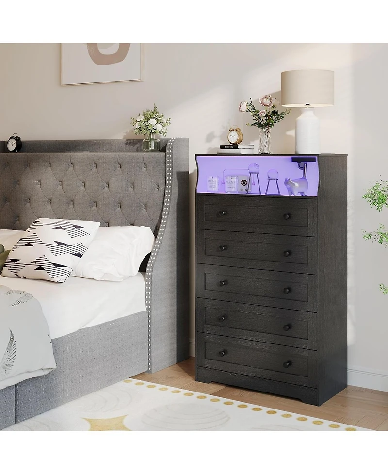 gaomon 4 Drawer Wooden Nightstand for Bedside with Led Lights & Charging Station, Wood Chest of Drawers for Closet, Living Room, Hallway, Entryway