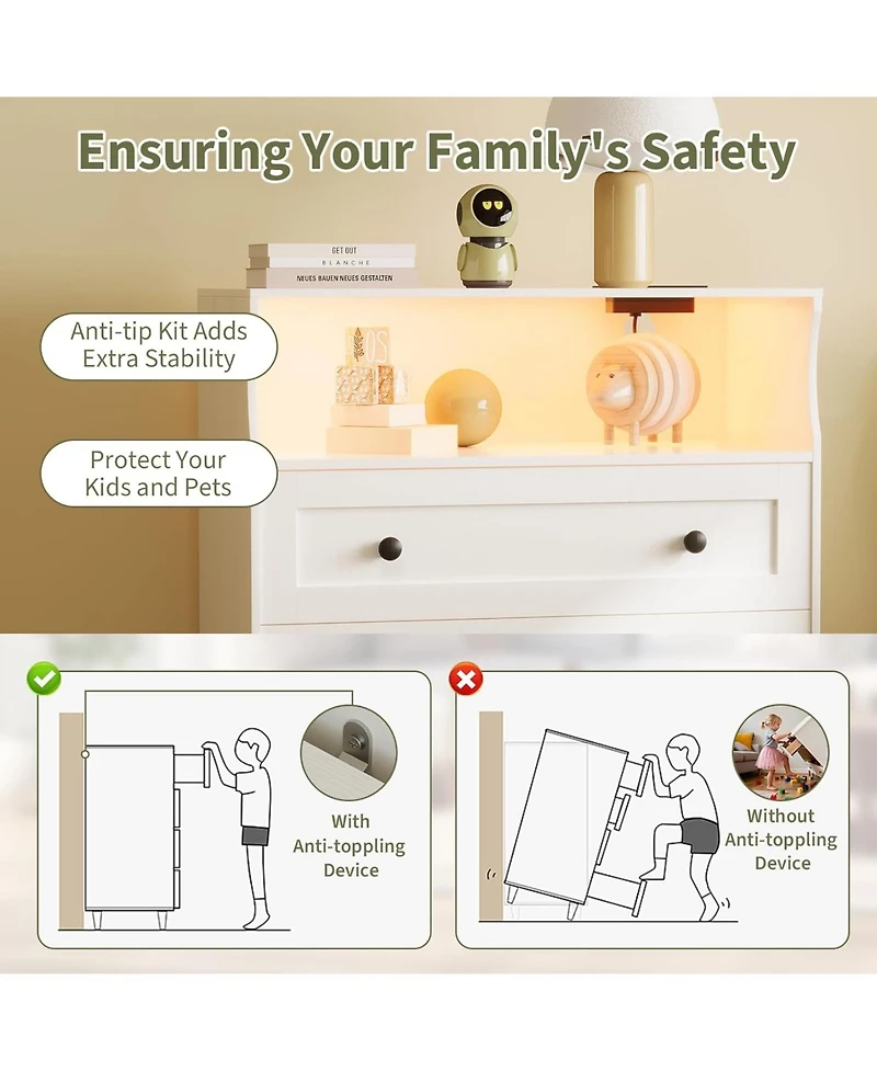 gaomon 3 Drawer Wooden Nightstand for Bedside with Led Lights & Charging Station, Wood Chest of Drawers for Closet, Living Room, Hallway, Entryway