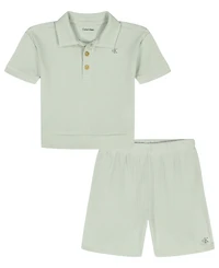 Calvin Klein Baby Boys' Waffle Knit Polo Shirt and Shorts, 2-Piece Set