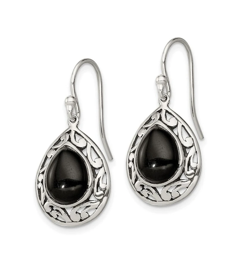 Curata Jewelry 925 Sterling Silver Oxidized Rhodium-Plated Teardrop Simulated Onyx Filigree Boho Hook Earrings