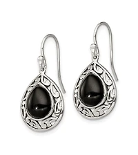 Curata Jewelry 925 Sterling Silver Oxidized Rhodium-Plated Teardrop Simulated Onyx Filigree Boho Hook Earrings