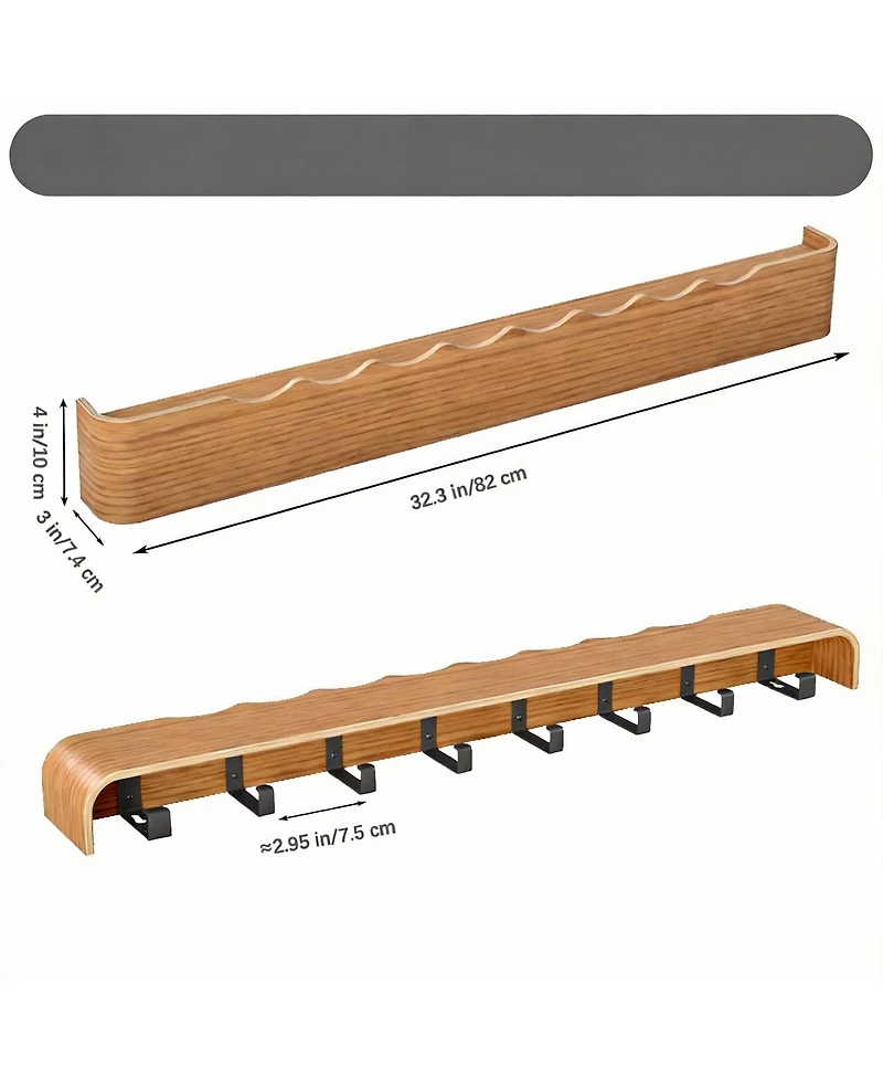 Yigii Modern Walnut Wood Wall Shelf with 8 Hooks for Home Decor and Storage