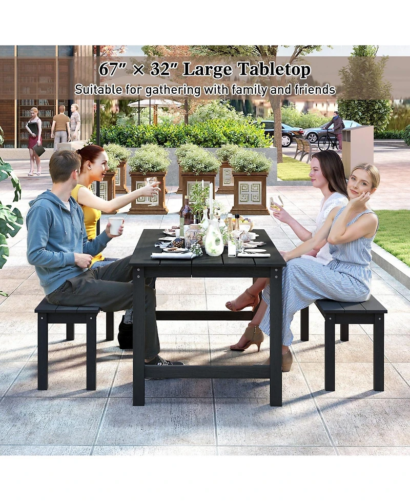 Gymax 3PCS Dining Table Set w/ 2 BenchesPatio Hdpe Weather Resistant Furniture