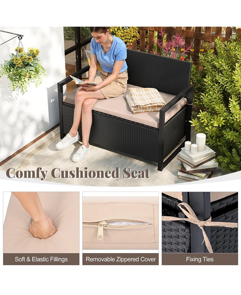 Gymax Patio Storage Bench Wicker Loveseat w/ Built-in Storage & Long Seat Cushion Outdoor