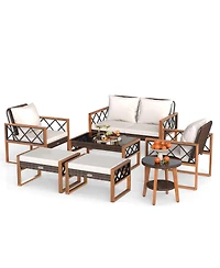 Gymax 7 Pcs Patio Pe Wicker Furniture Set w/ Ottomans Cushions & Tables Chair Couch Outdoor