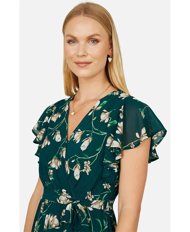 Yumi Women's Floral Frill Hem Wrap Midi Dress