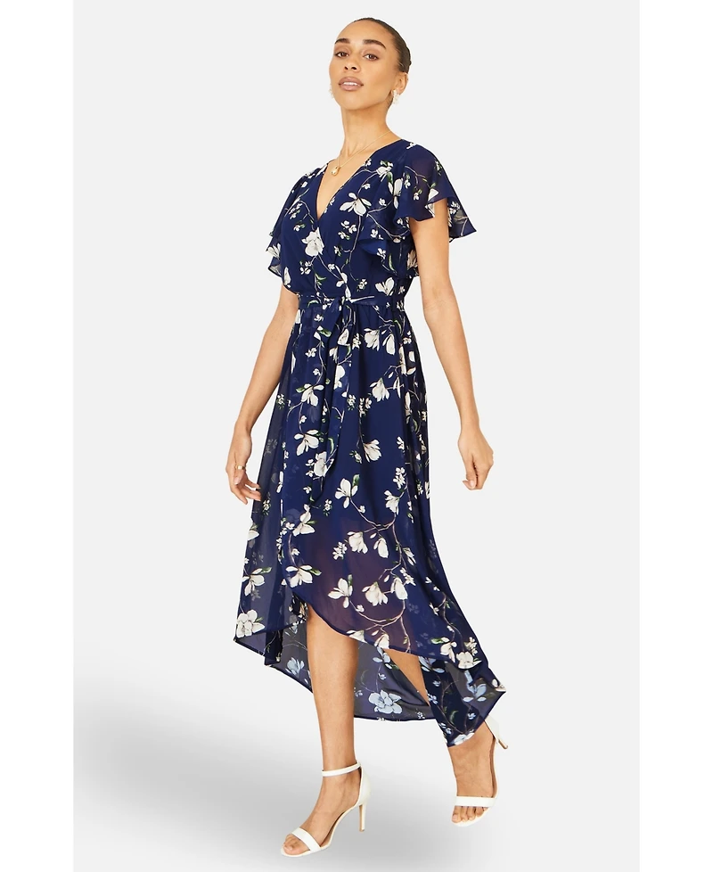 Yumi Women's Floral Frill Hem Wrap Midi Dress