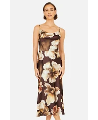 Yumi Women's Cowl Neck Satin Floral Dress