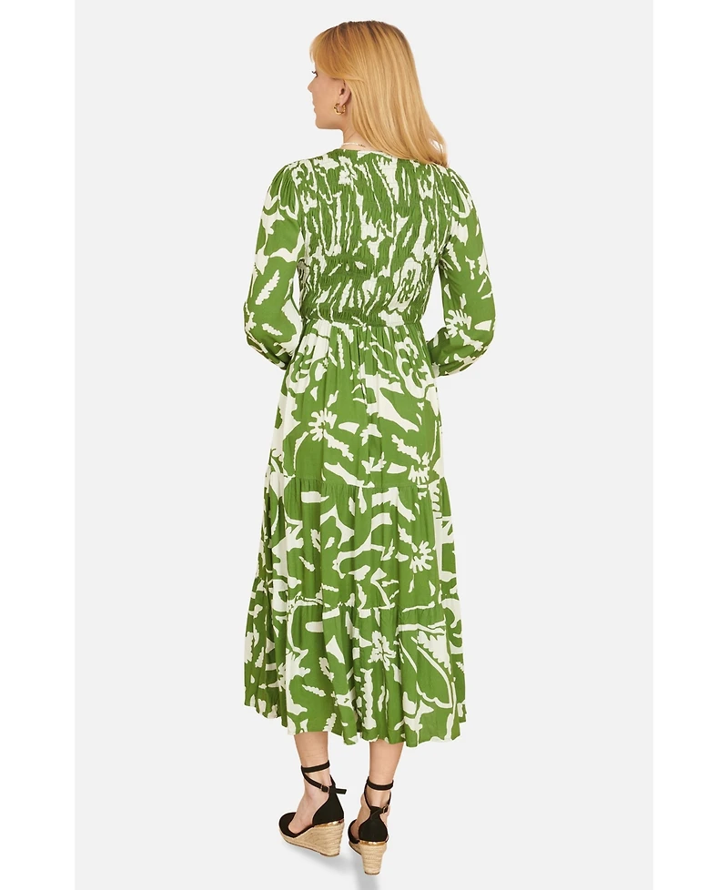 Yumi Women's Abstract Print Ruched V-Neck Midi Dress