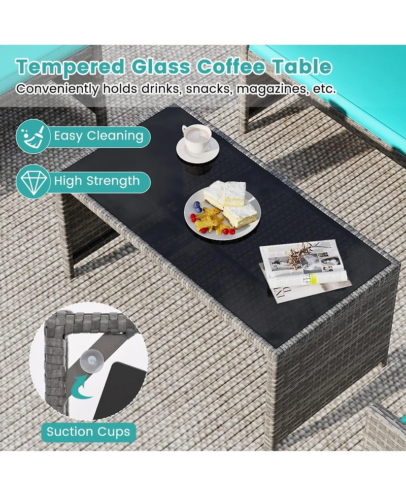 Gymax 8PCS Patio Outdoor Conversation Set w/Seat Cushions & Tempered Glass Tabletop