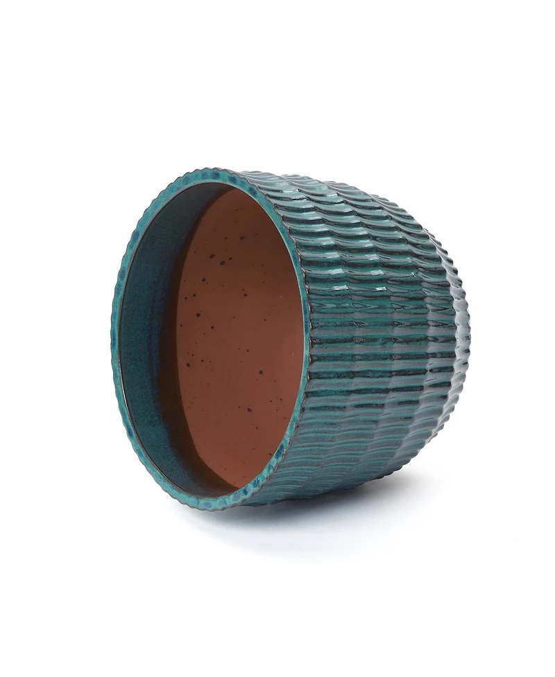 LuxenHome Boho Coastal Ceramic Planter, 11.2" Tall Pot with Ribbed Texture & Weathered Finish