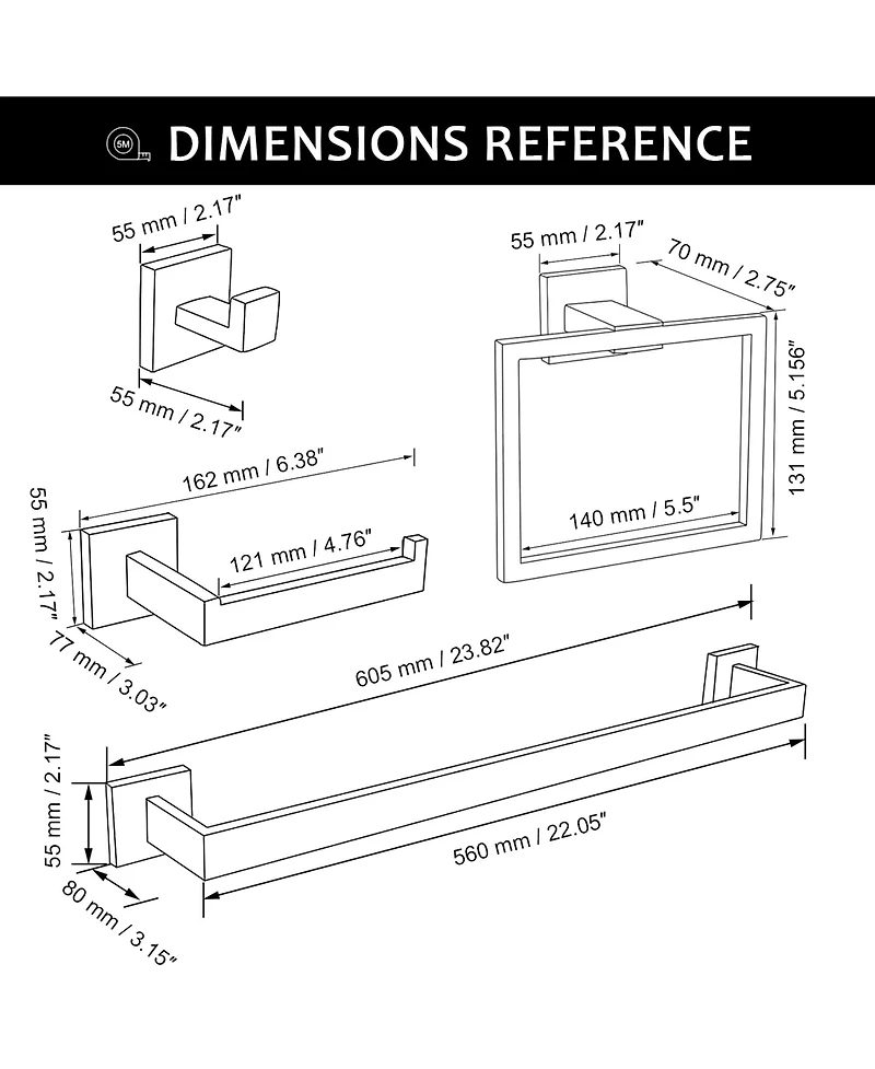 Rainsken 5 Pieces Bathroom Hardware Set, Towel Bar, Towel Holder, Toilet Paper Holder and Towel Hook, Stainless Steel Bath Accessories Kit