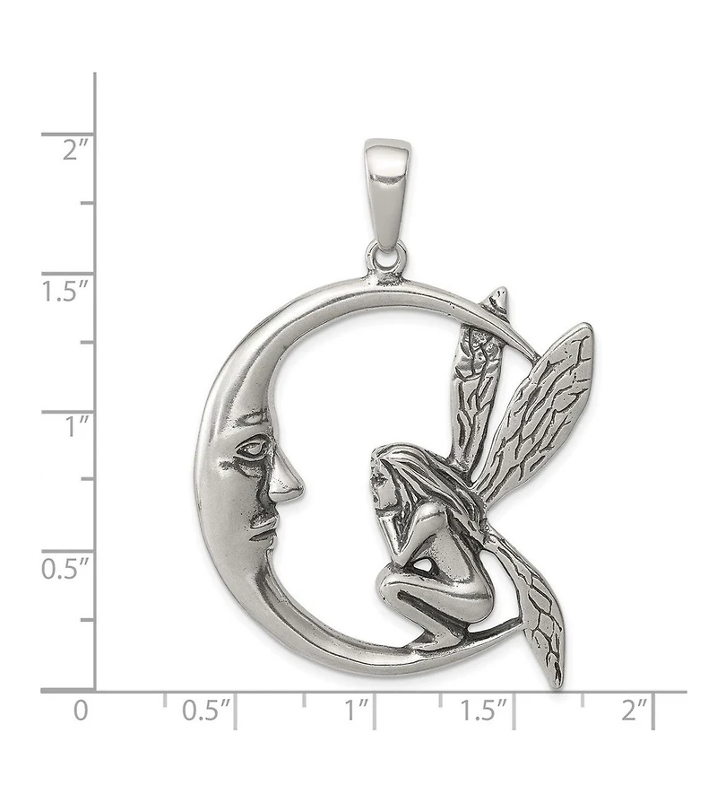Curata Jewelry Sterling Silver Large Antiqued Moon and Fairy Necklace