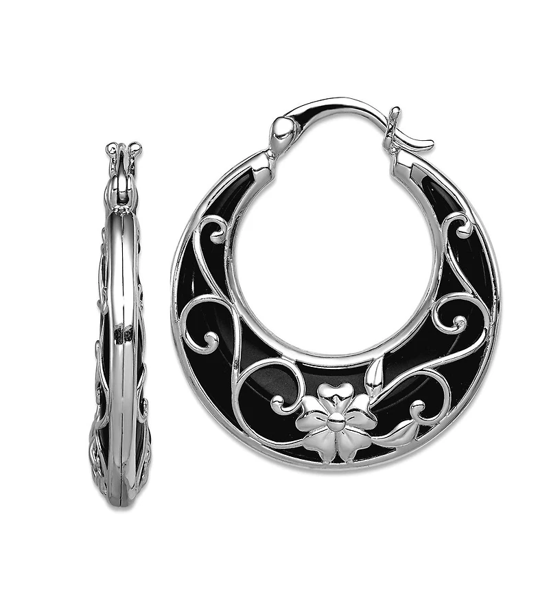 Curata Jewelry Sterling Silver Rhodium-Plated Black Onyx Filigree Boho Hoop Earrings