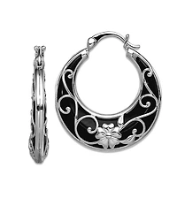 Curata Jewelry Sterling Silver Rhodium-Plated Black Onyx Filigree Boho Hoop Earrings