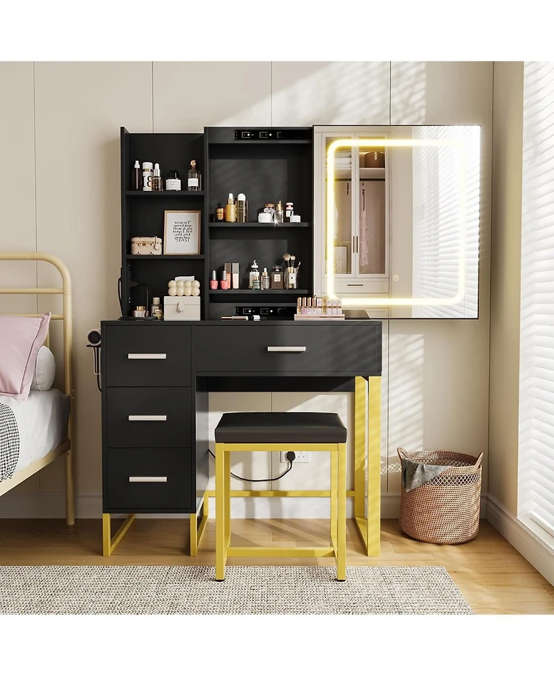 gaomon Wood Lighted Mirror Power Outlet Vanity Desk with 4 Drawers, Shelves & Stool