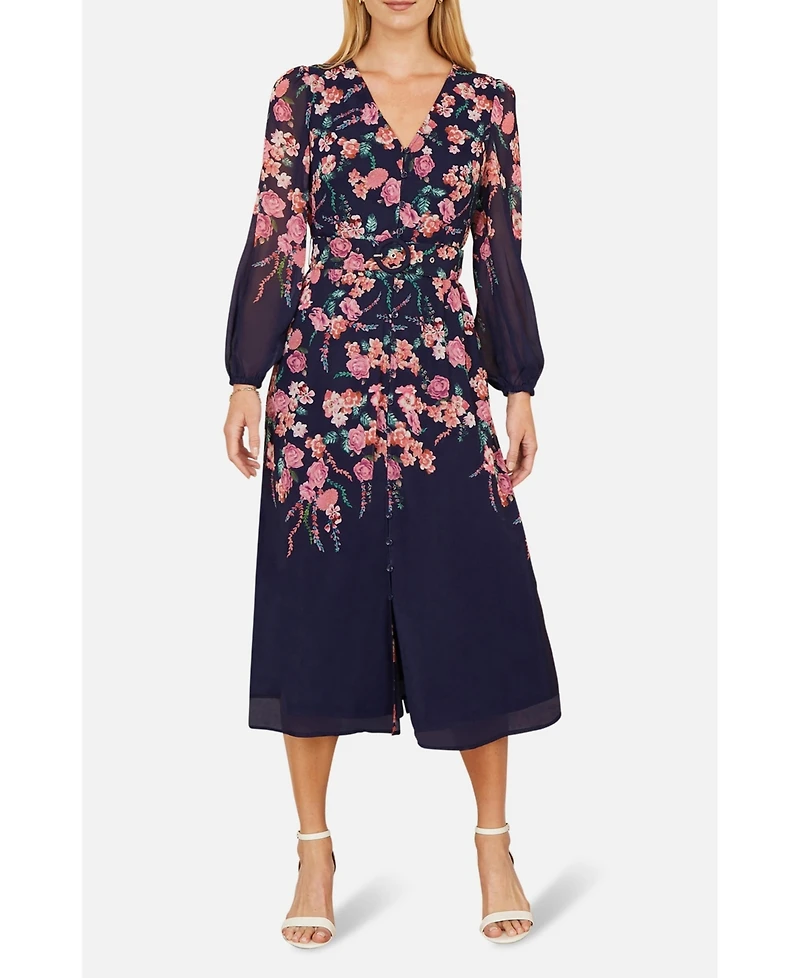 Yumi Women's Belted Floral Midi Dress
