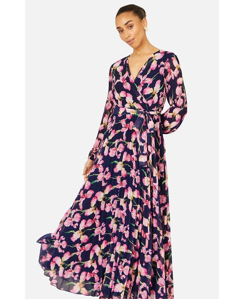 Yumi Women's Orchid Floral Pleated Wrap Maxi Dress