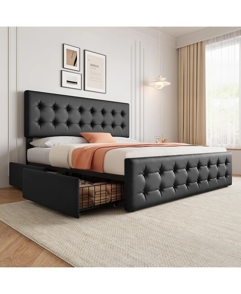gaomon King Bed Frame with 4 Storage Drawers and Headboard, Button Tufted Design, No