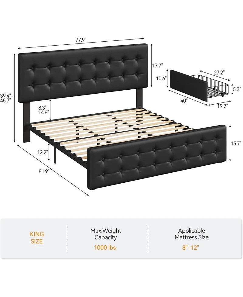 gaomon King Bed Frame with 4 Storage Drawers and Headboard, Button Tufted Design, No