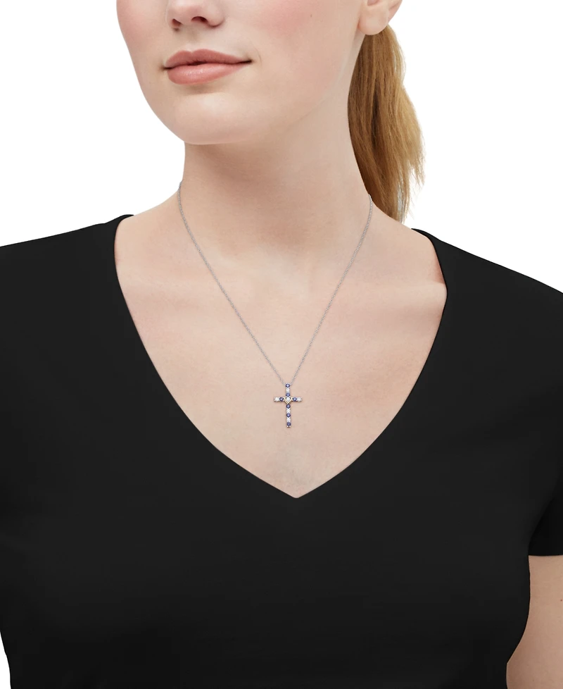 Macy's Created Sapphire (3/8 ct. t.w.) & Created White Sapphire (1/3 ct. t.w.) Cross Pendant Necklace in 14k Yellow Gold-Plated Sterling Silver