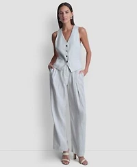 Dkny Womens Striped Sleeveless Button Down Vest Striped Wide Leg Pants