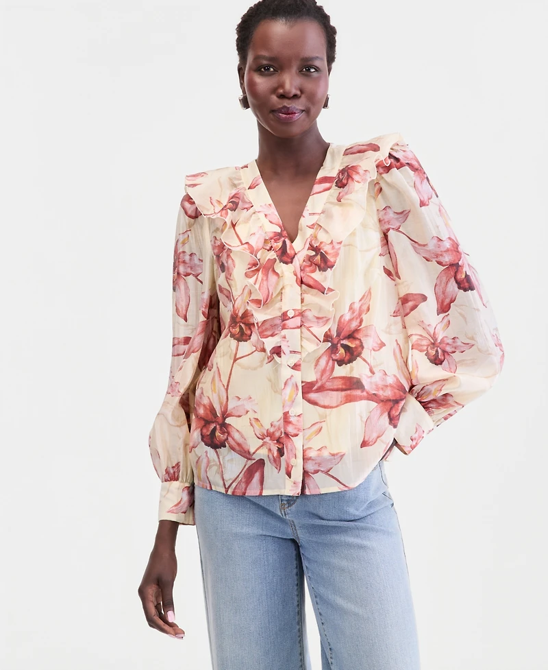 I.n.c. International Concepts Women's Long-Sleeve Printed Ruffle-Front Blouse, Macy's Exclusive