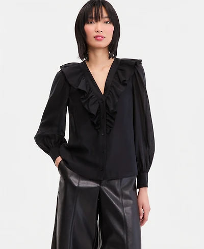 I.n.c. International Concepts Women's Long-Sleeve Printed Ruffle-Front Blouse, Macy's Exclusive