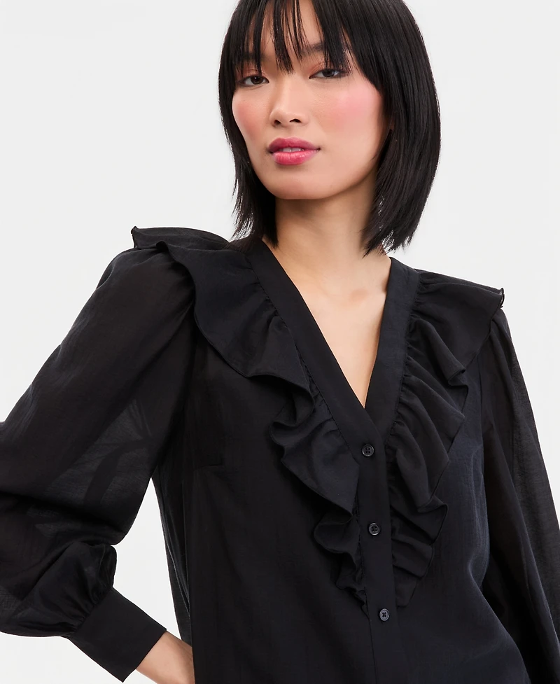 I.n.c. International Concepts Women's Long-Sleeve Printed Ruffle-Front Blouse, Macy's Exclusive