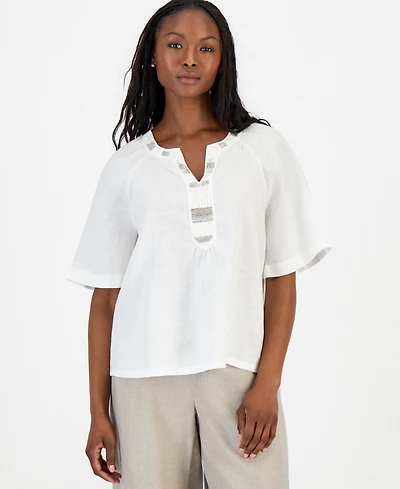Charter Club Petite Bead-Embellished Linen Top, Macy's Exclusive