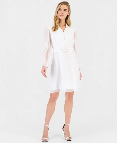 Tahari Asl Women's Long-Sleeve Belted Embroidered Dress