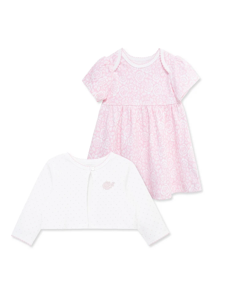 Little Me Baby Girls' Rose Printed Dress, Cardigan and Diaper Cover, 3-Piece Set