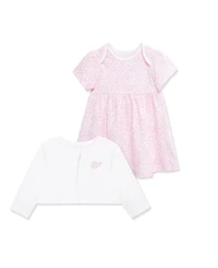 Little Me Baby Girls' Rose Printed Dress, Cardigan and Diaper Cover, 3-Piece Set