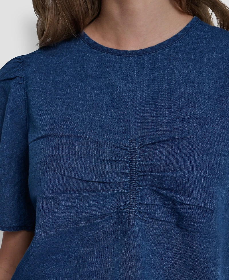 Dkny Jeans Petite Puff-Sleeve Crewneck Ruched Front Shirt