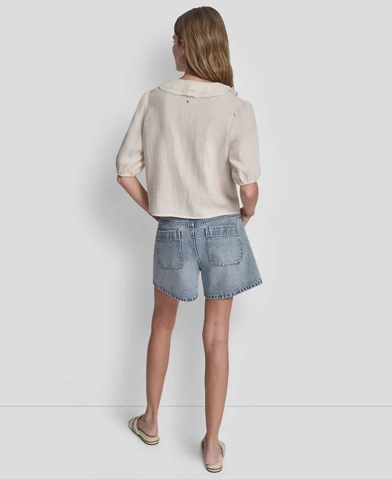 Dkny Jeans Petite Puff Short-Sleeve Tie Front V-Neck Shirt