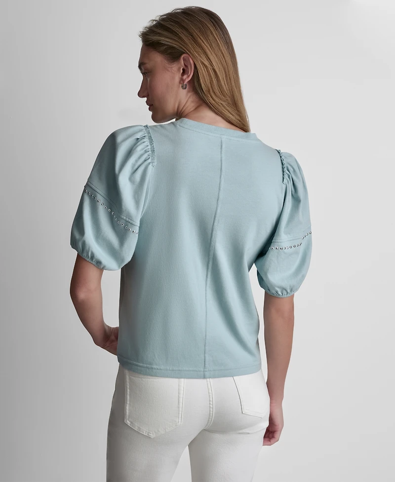 Dkny Jeans Petite Dome Studs Mini Ruffle Puff-Sleeve Crewneck T-Shirt