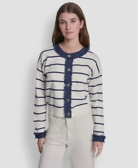 Dkny Jeans Petite Denim Fringe Crewneck Striped Cardigan