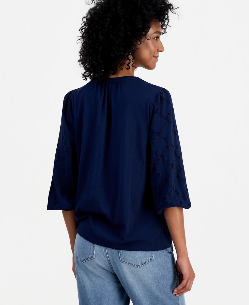 Style & Co Women's Split-Neck Eyelet-Embroidered Top, Exclusively at Macy's
