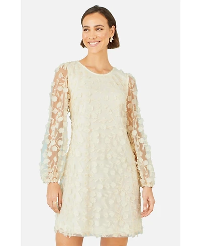 Yumi Women's Long Sleeve Floral Applique Tunic Dress