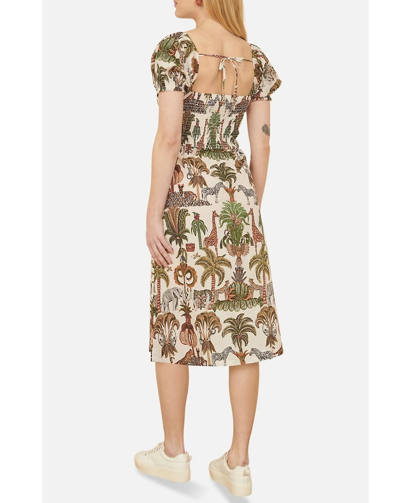 Yumi Women's Cotton Safari Print Ruched Midi Dress