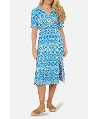Yumi Women's Geometric Print Puff Sleeve Midi Dress
