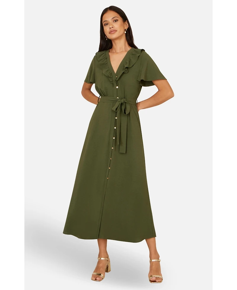 Yumi Women's Ruffle Collar Midi Shirt Dress
