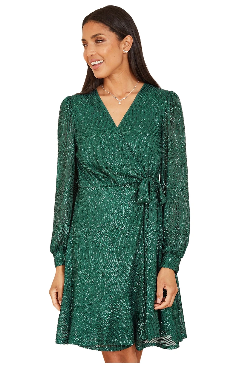 Yumi Women's Sequin Long Sleeve Frill Wrap Dress