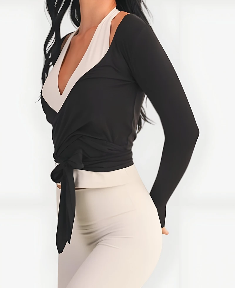 Modenaire Women's Wrap Front Long Sleeve Tie-Waist Crop Top