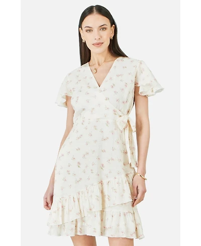 Yumi Women's Rose Print Wrap Over Frill Dress