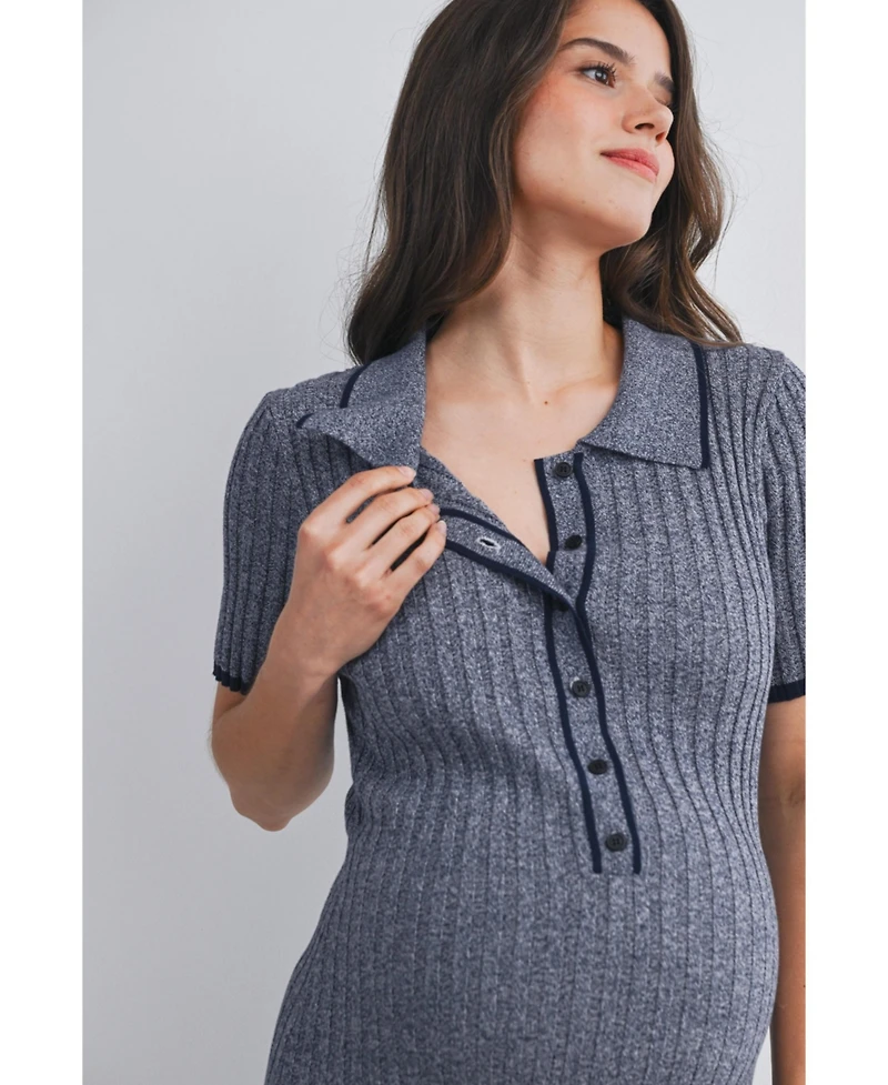 Hello Miz Women's Maternity Collared Ribbed Knit Midi Dress with Button-Front Nursing Access