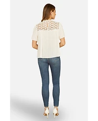 Yumi Women's Lace Panel Pleated Short Sleeve Top