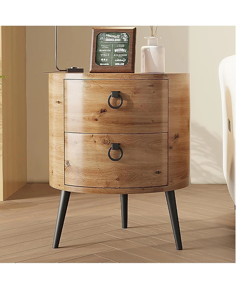 gaomon Round Side Table with Drawers Modern Night Stand with Storage Wooden Accent End Table Circle Bedside Table with Metal Legs for Living Room